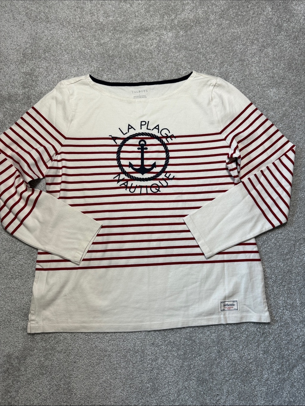Talbots Boatneck Shirt Striped Embroidered Nautical Anchor Top Size L